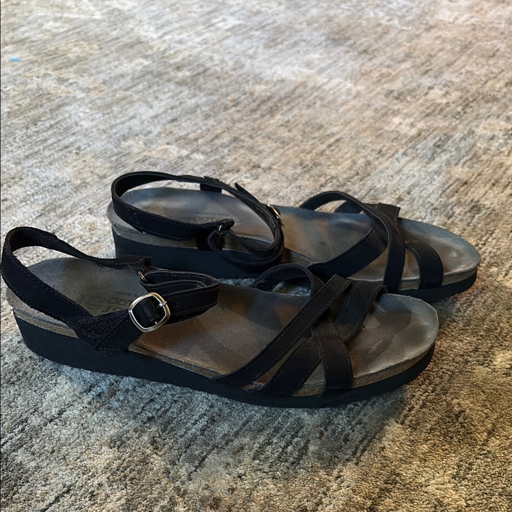NAOT Women's Black Sandals - size 10 - low wedge - leather